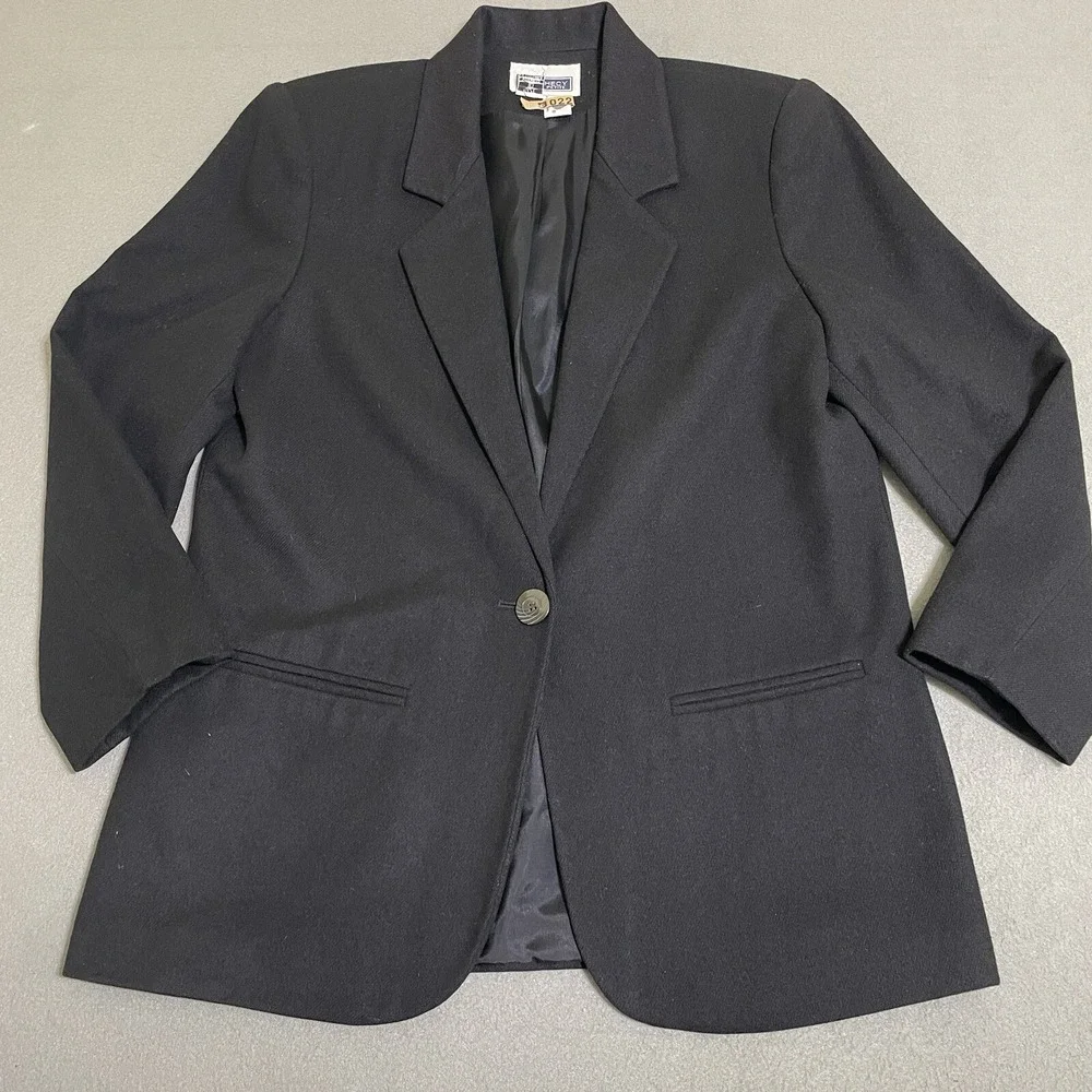 Vintage Women's Blazer Jacket Sz 10 Black 100% Pure Wool Classic 90s Coat Peppy